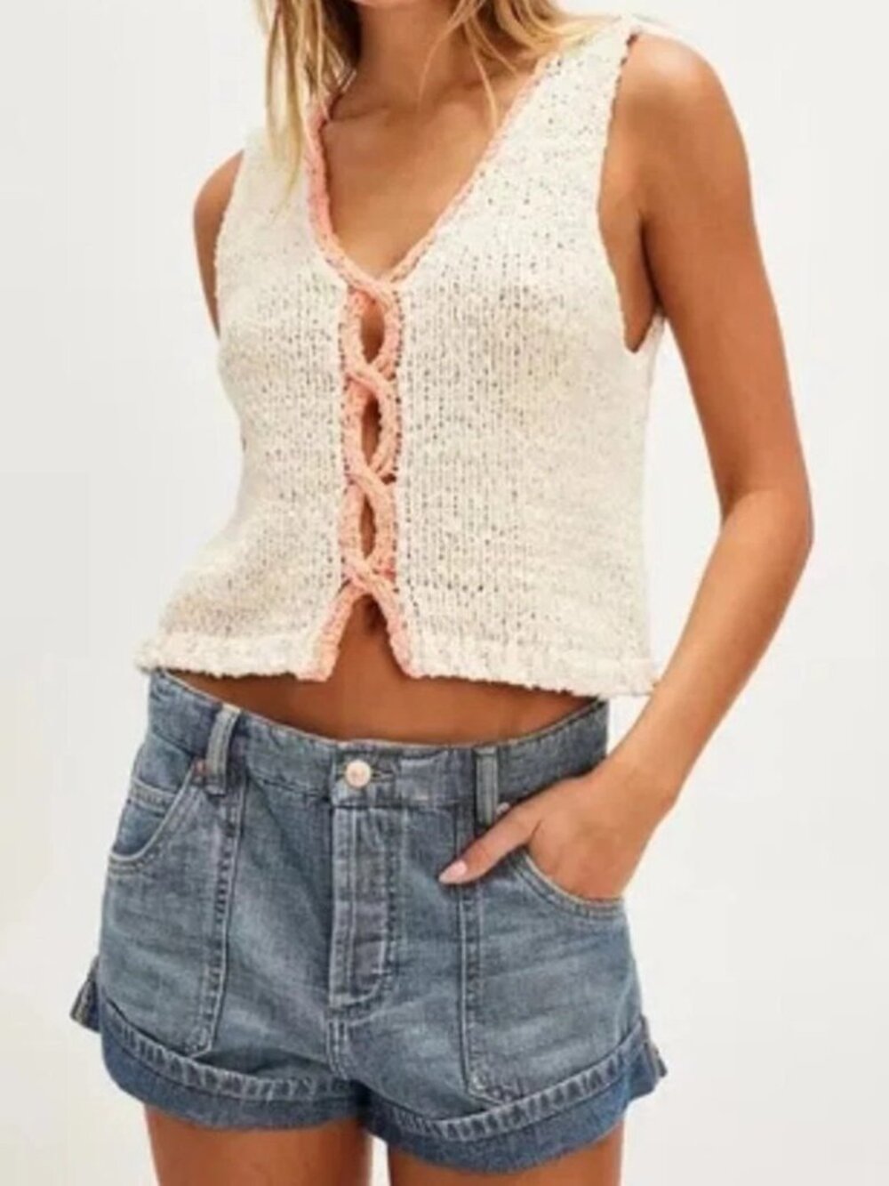 Free People Ivory Sleeveless Sicily Sweater Shell - Women's XL Beach Coral